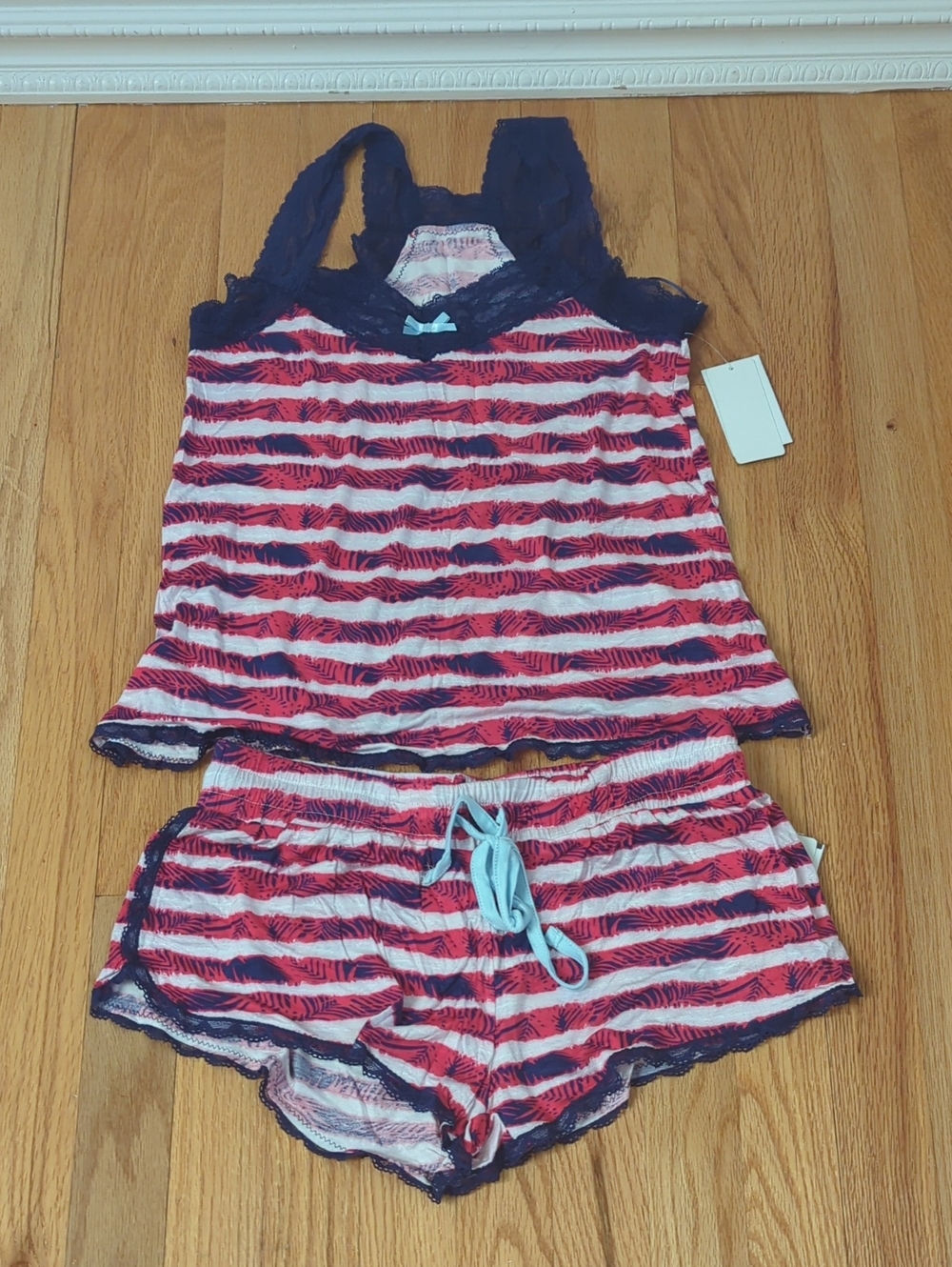 Honeydew Intimates Navy and Red Striped Lace-Trim Tank Sleep Set